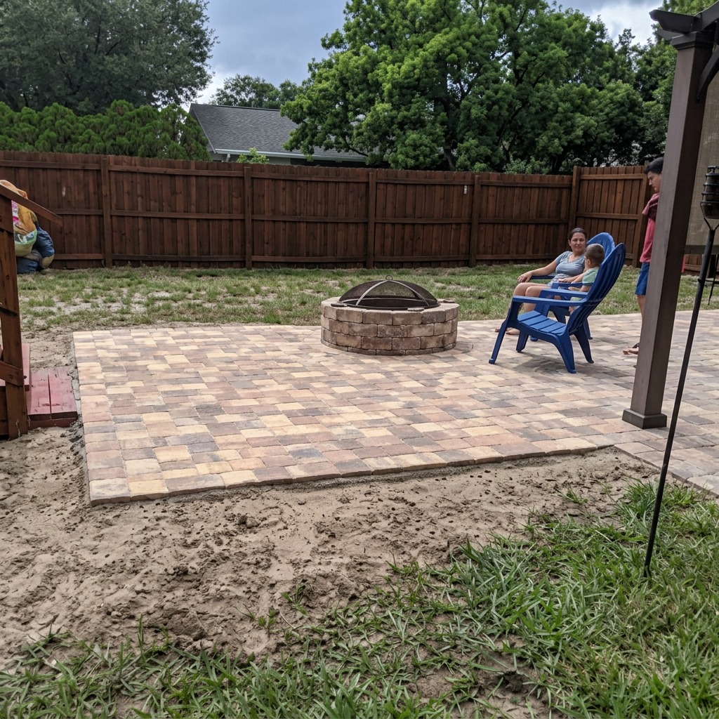 Keyhole paver patio with center fire pit