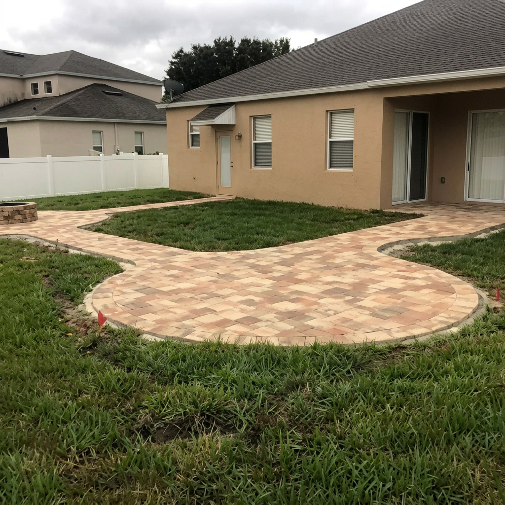 Rounded paver patio with curved soldier course