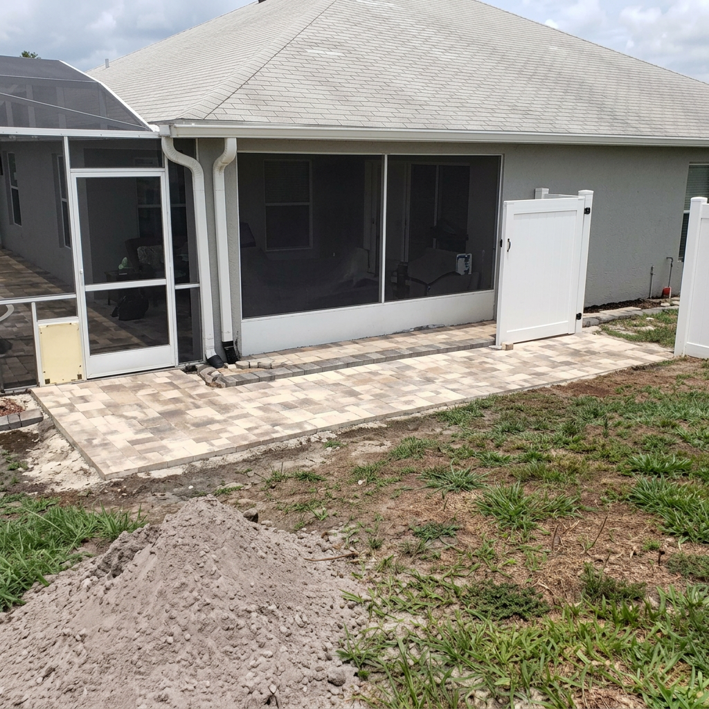 Compact square paver patio at back door