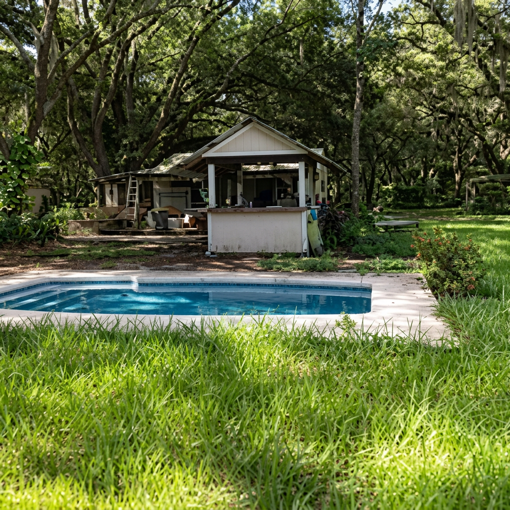 Finished paver pool deck overlooking lawn
