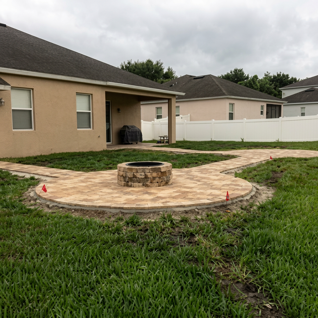 Keyhole paver patio with circular fire pit
