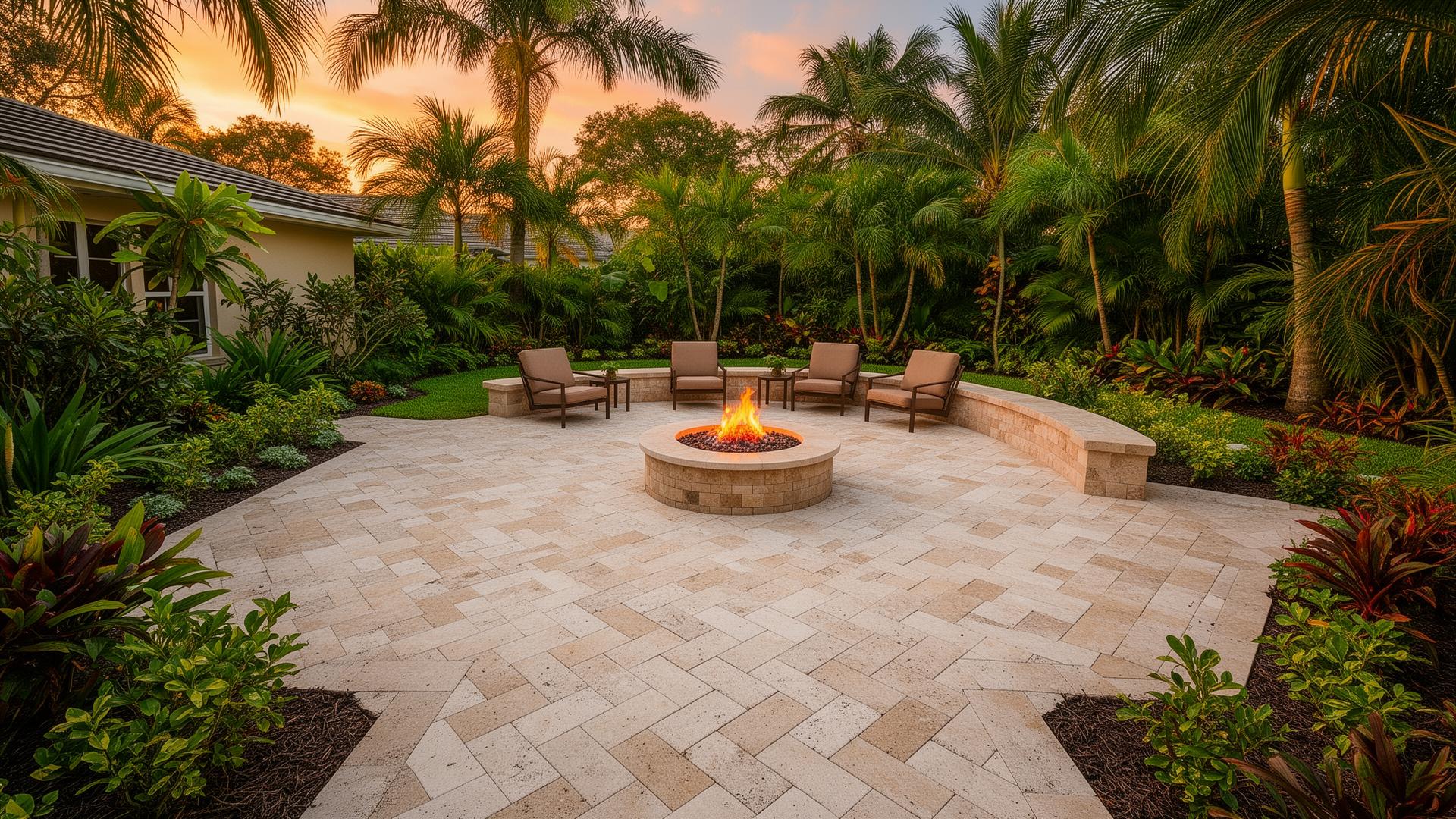 High-end outdoor remodel — paver patio with fire pit in Florida