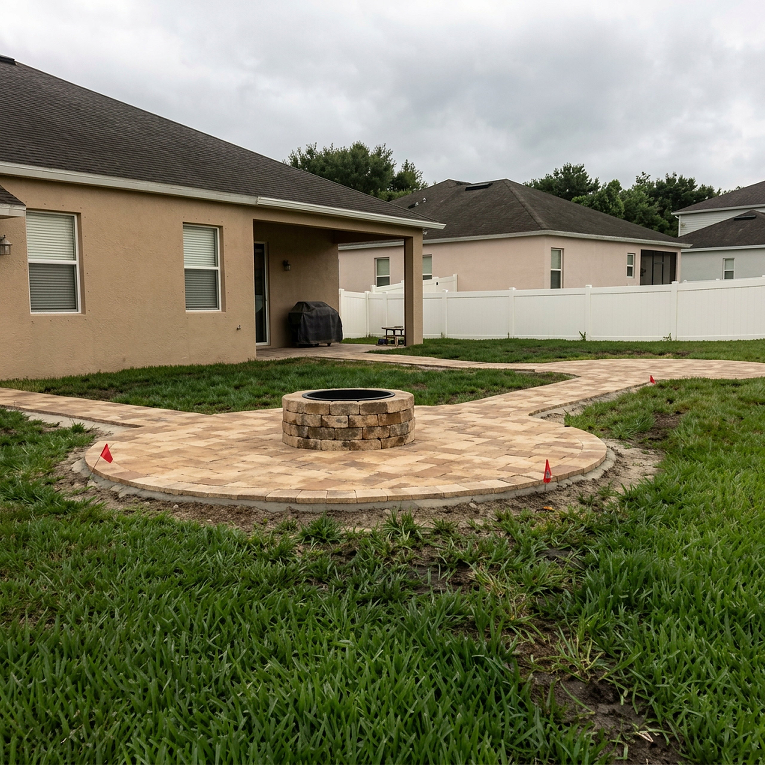 Keyhole paver patio with circular fire pit