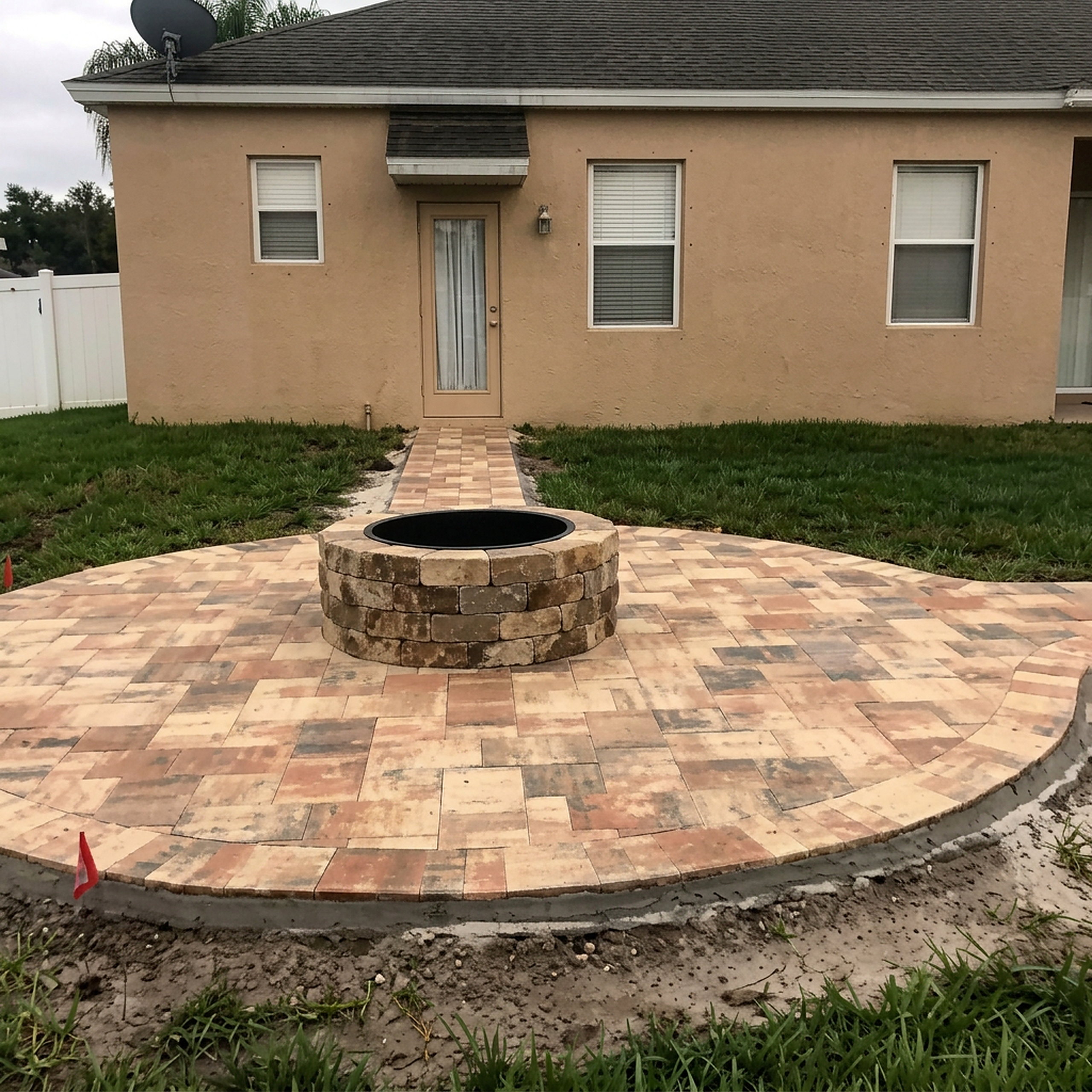 Keyhole paver patio with raised fire pit