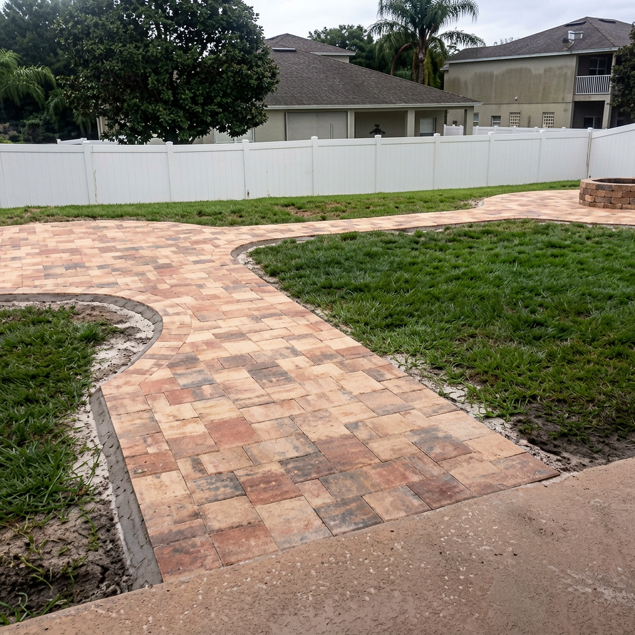 Keyhole paver patio with custom fire feature