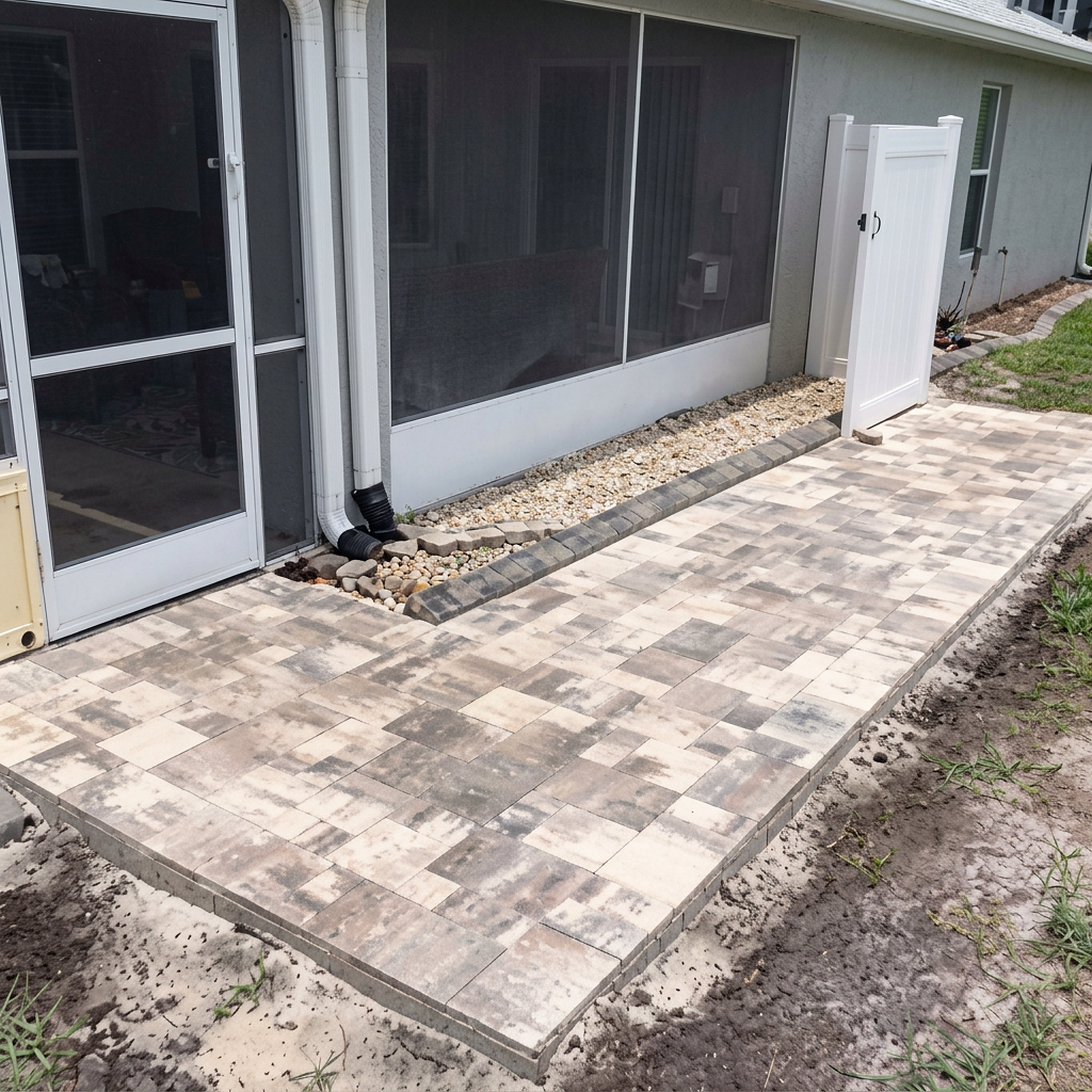 Square paver patio off screened lanai