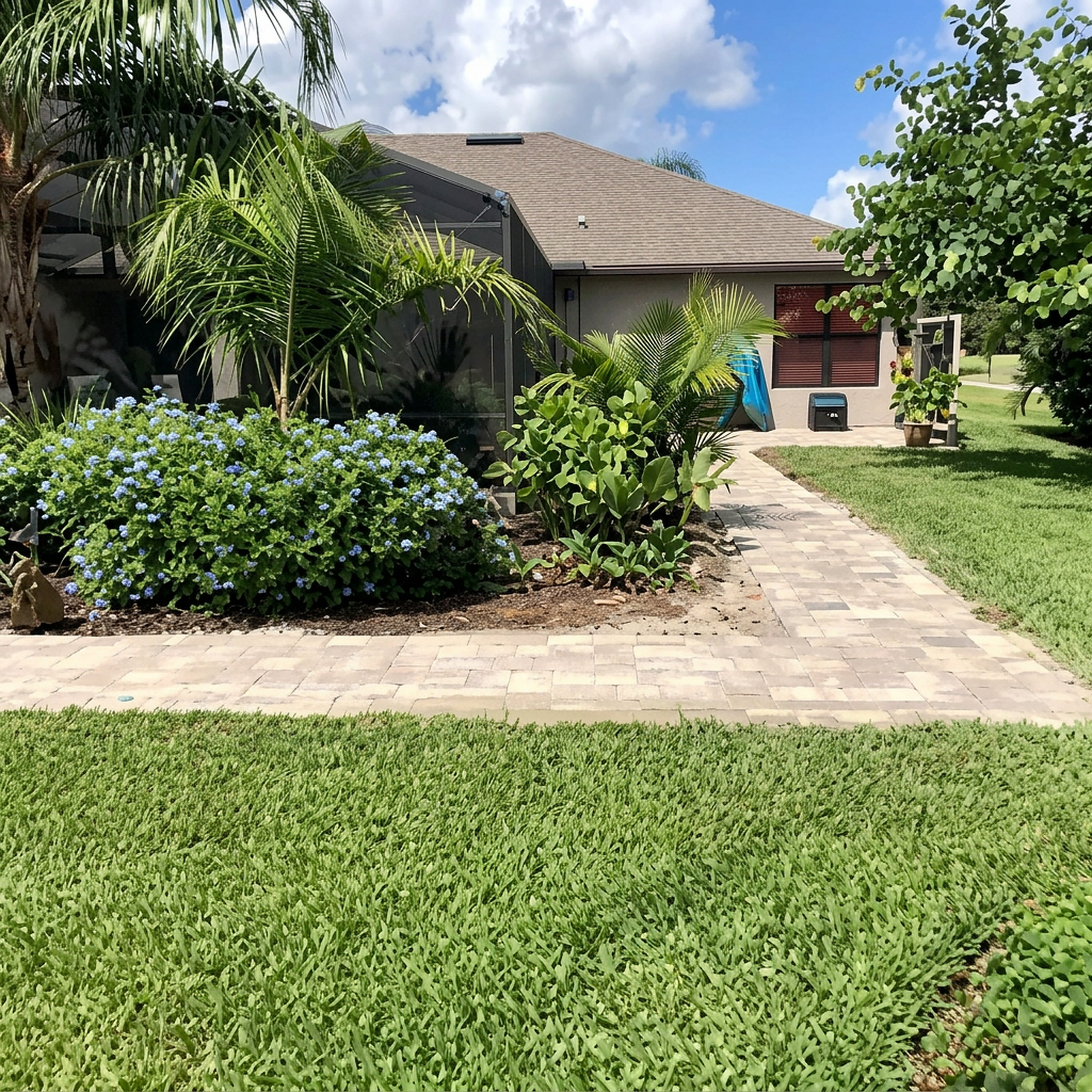Front yard landscape design with palms and tropicals