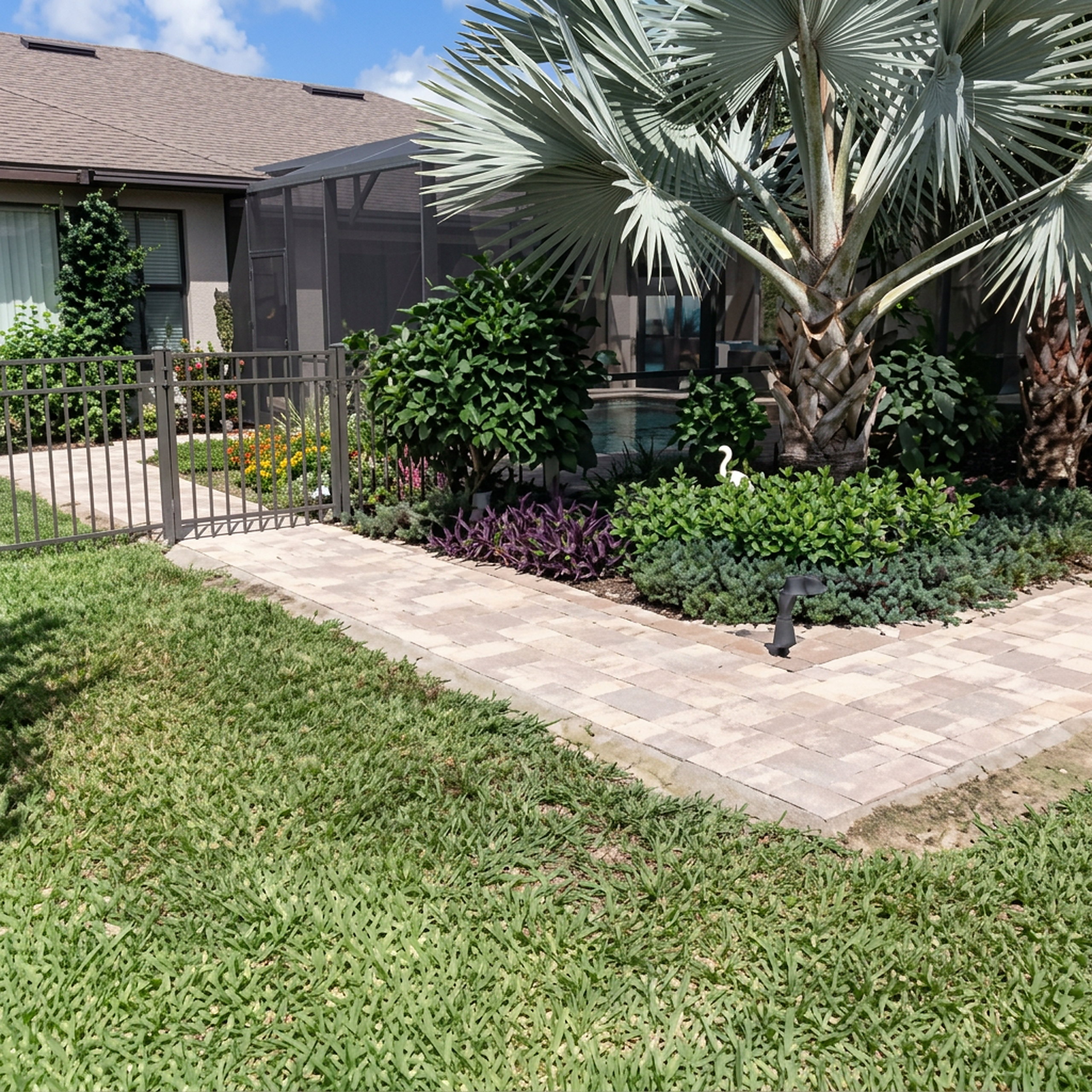 Paver walkway through front landscape beds