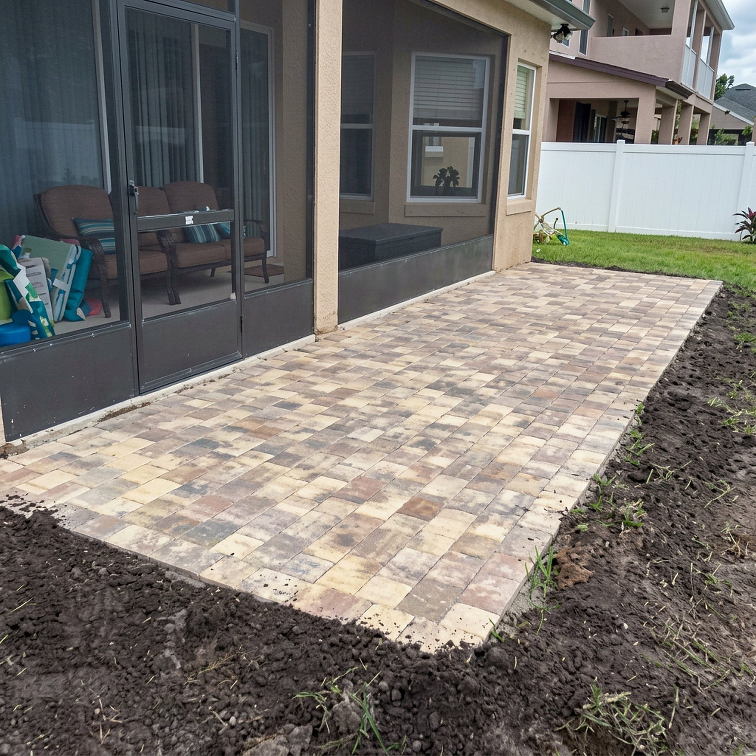 Square paver patio installation behind home