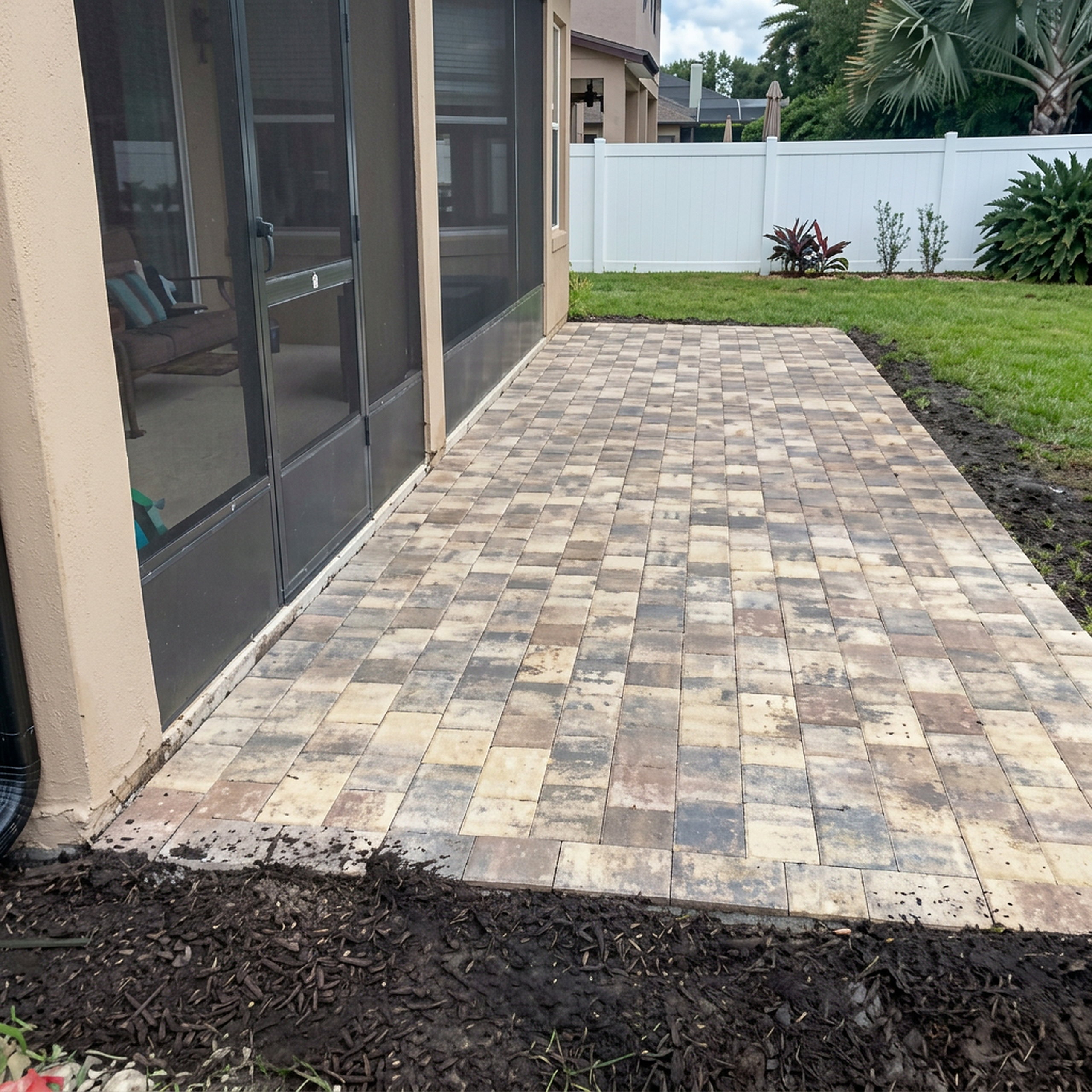 Square paver patio against screen enclosure