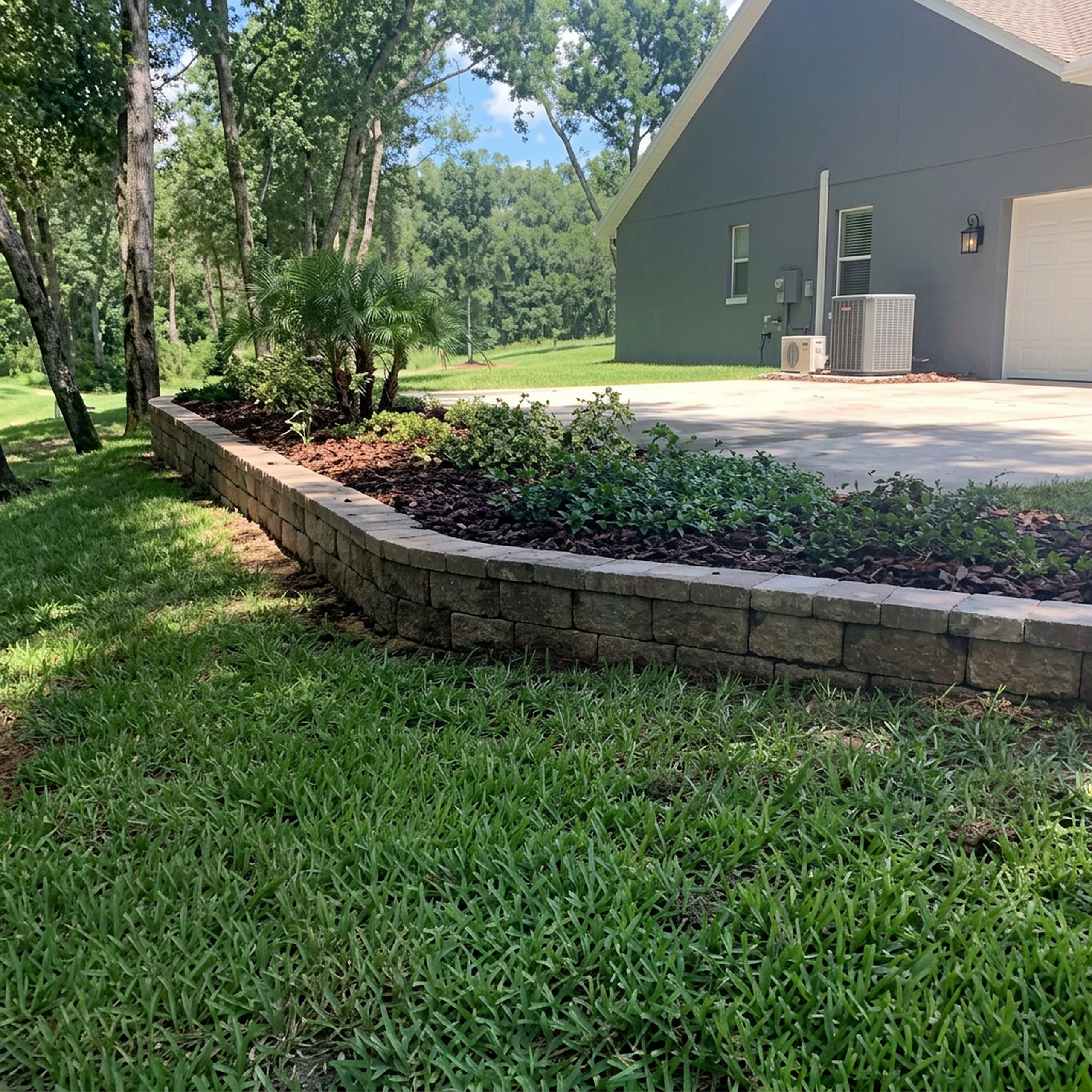 Tiered block retaining wall with planting bed
