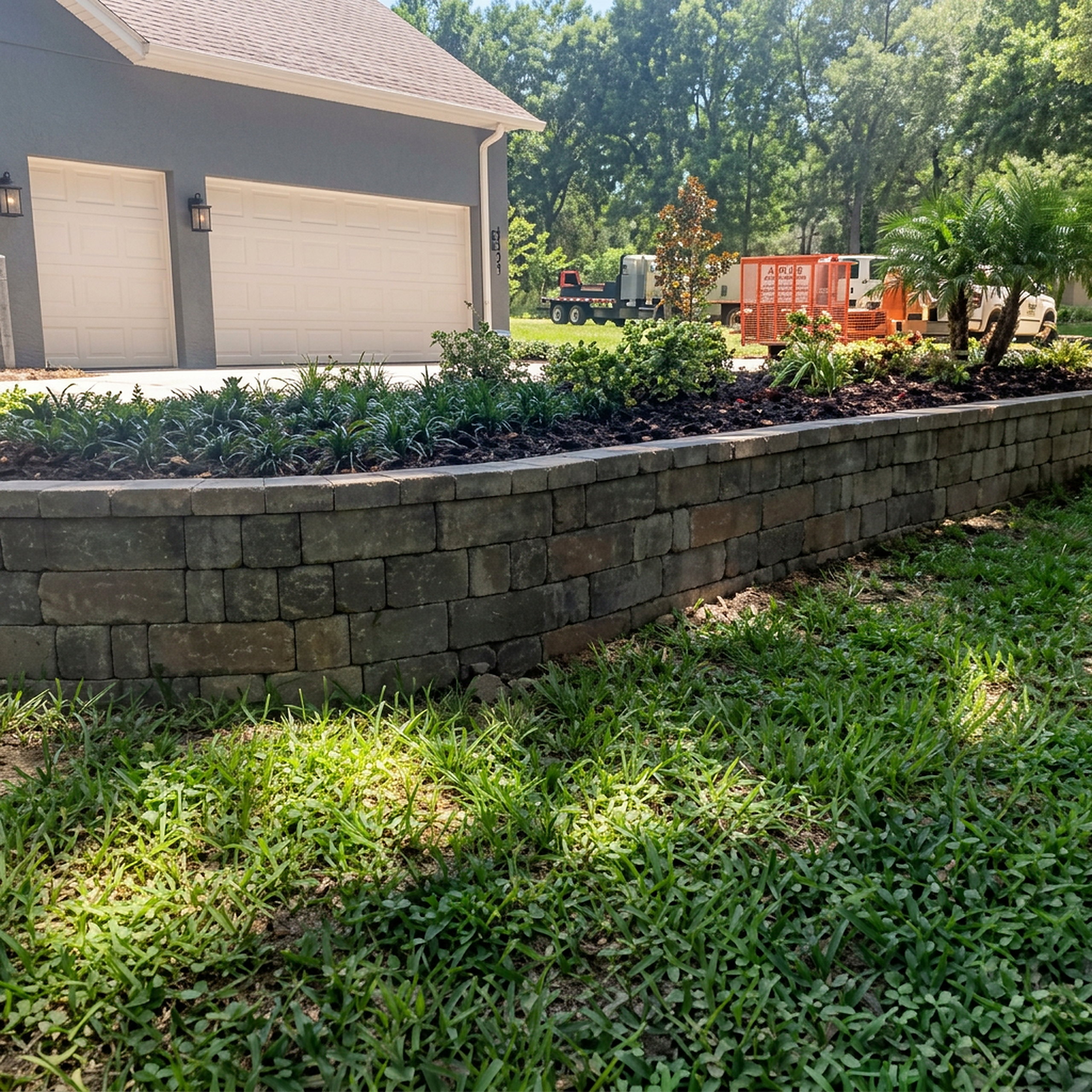 Block retaining wall stretching front of property