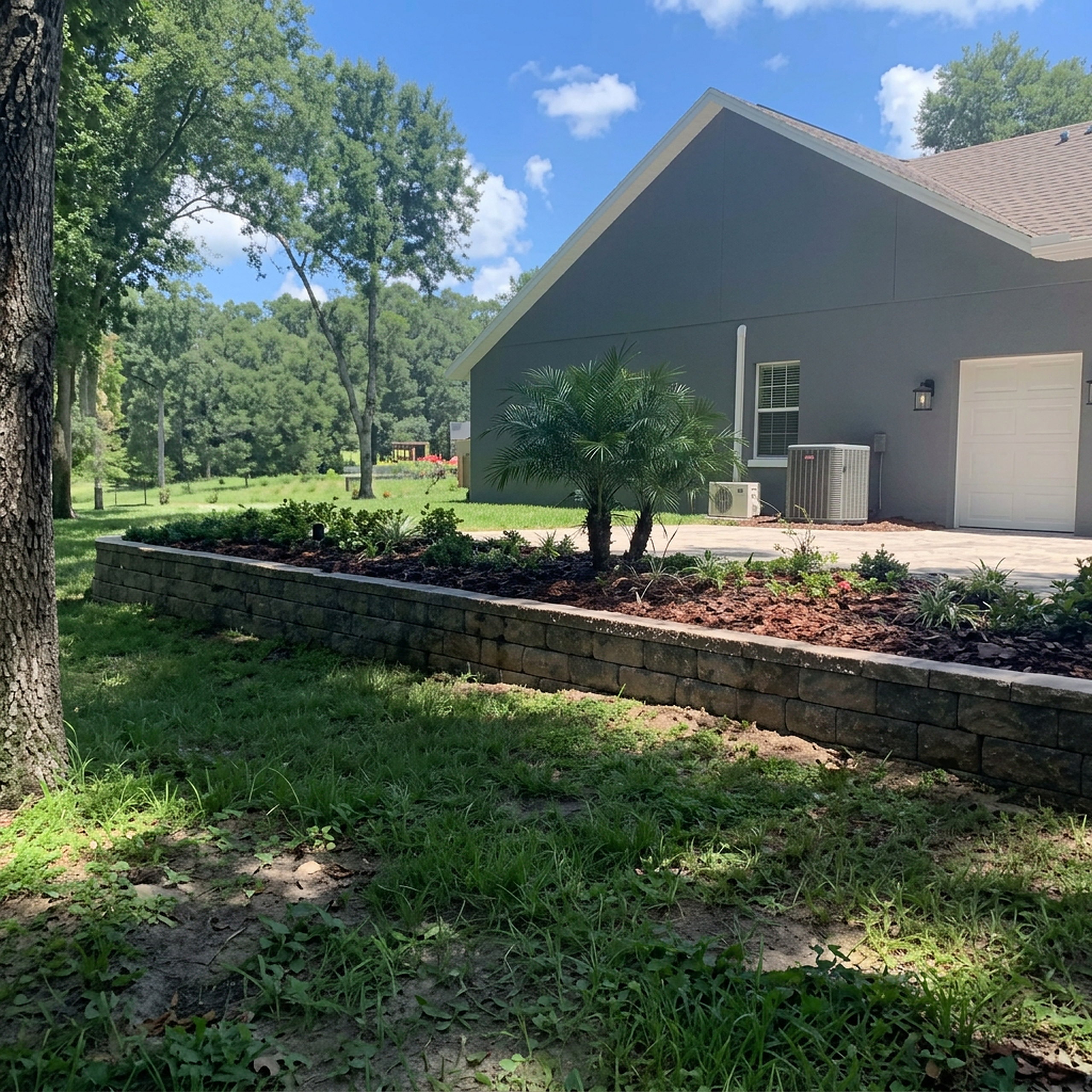 Capped block retaining wall and planting bed