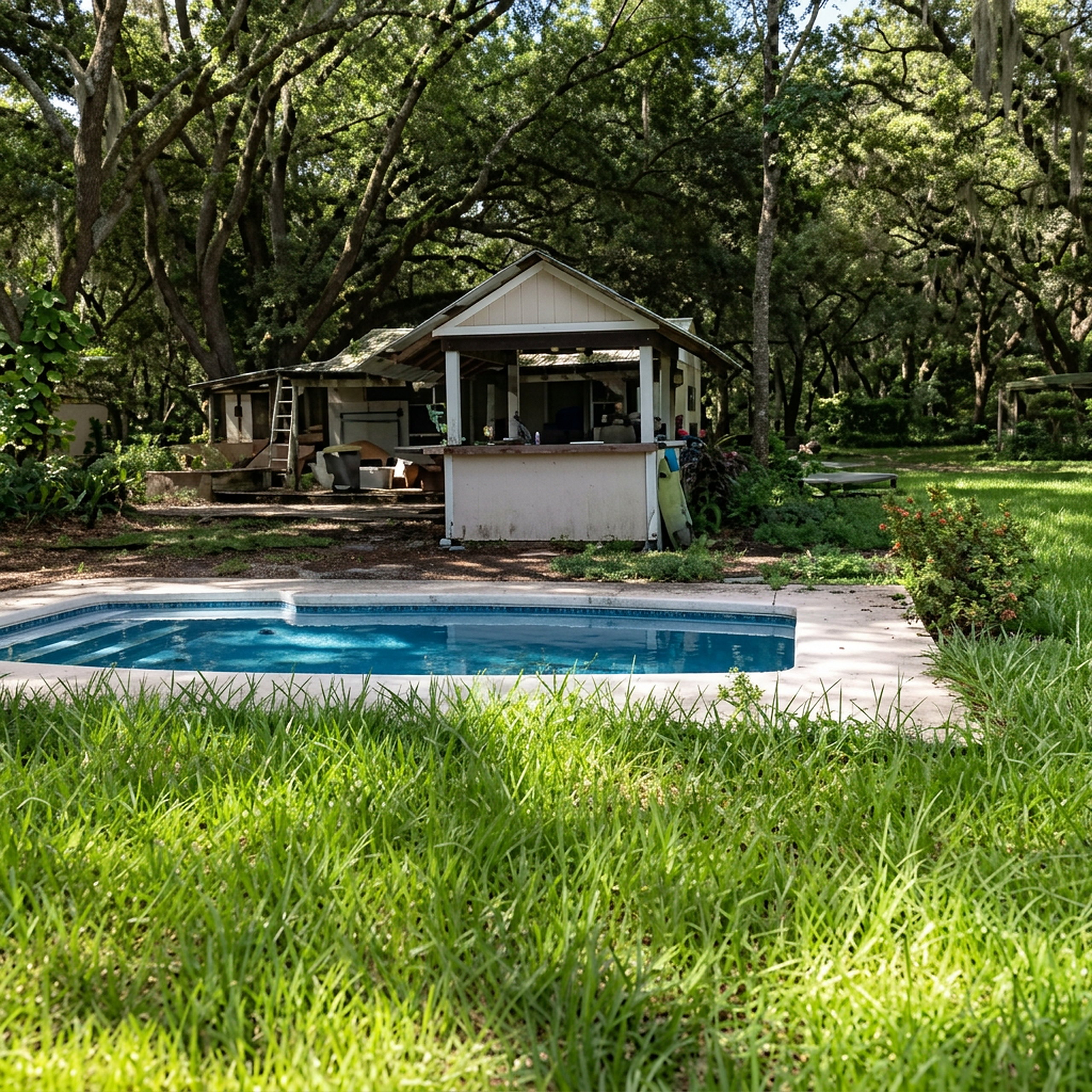 Finished paver pool deck overlooking lawn