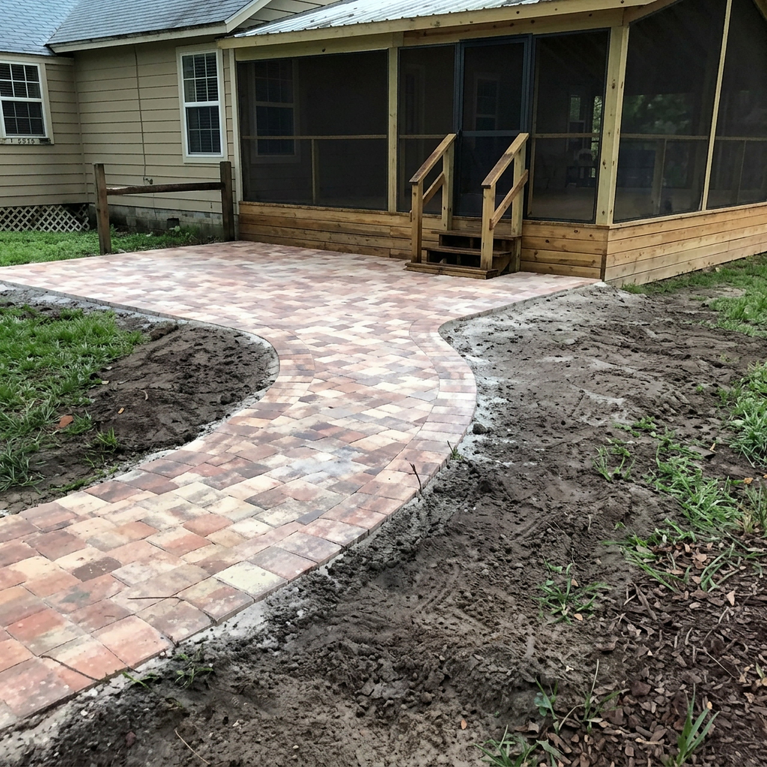 Curved paver walkway with raised step