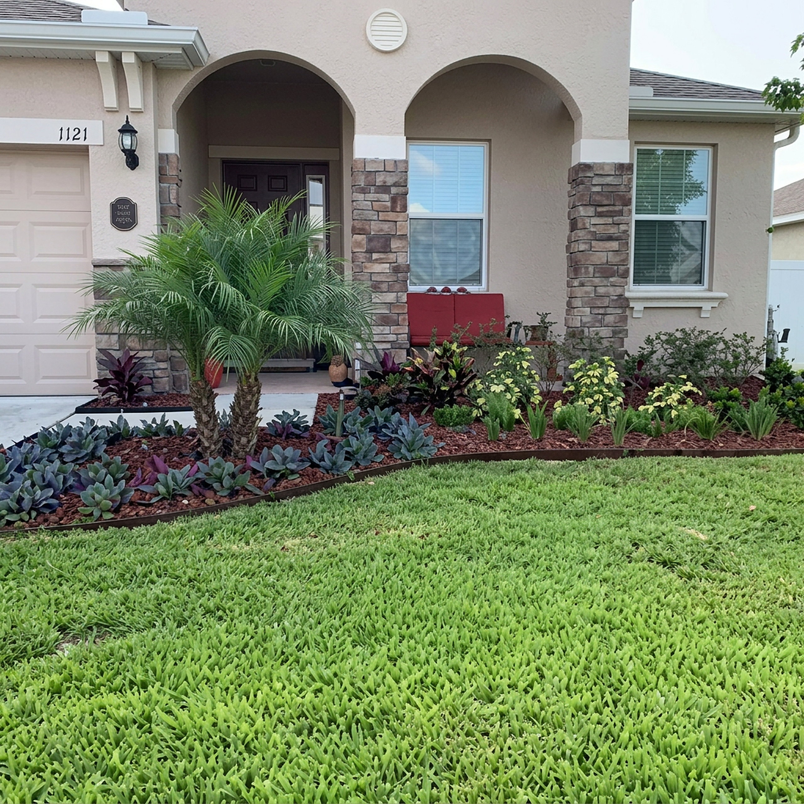 Front entry bed with curved paver edging