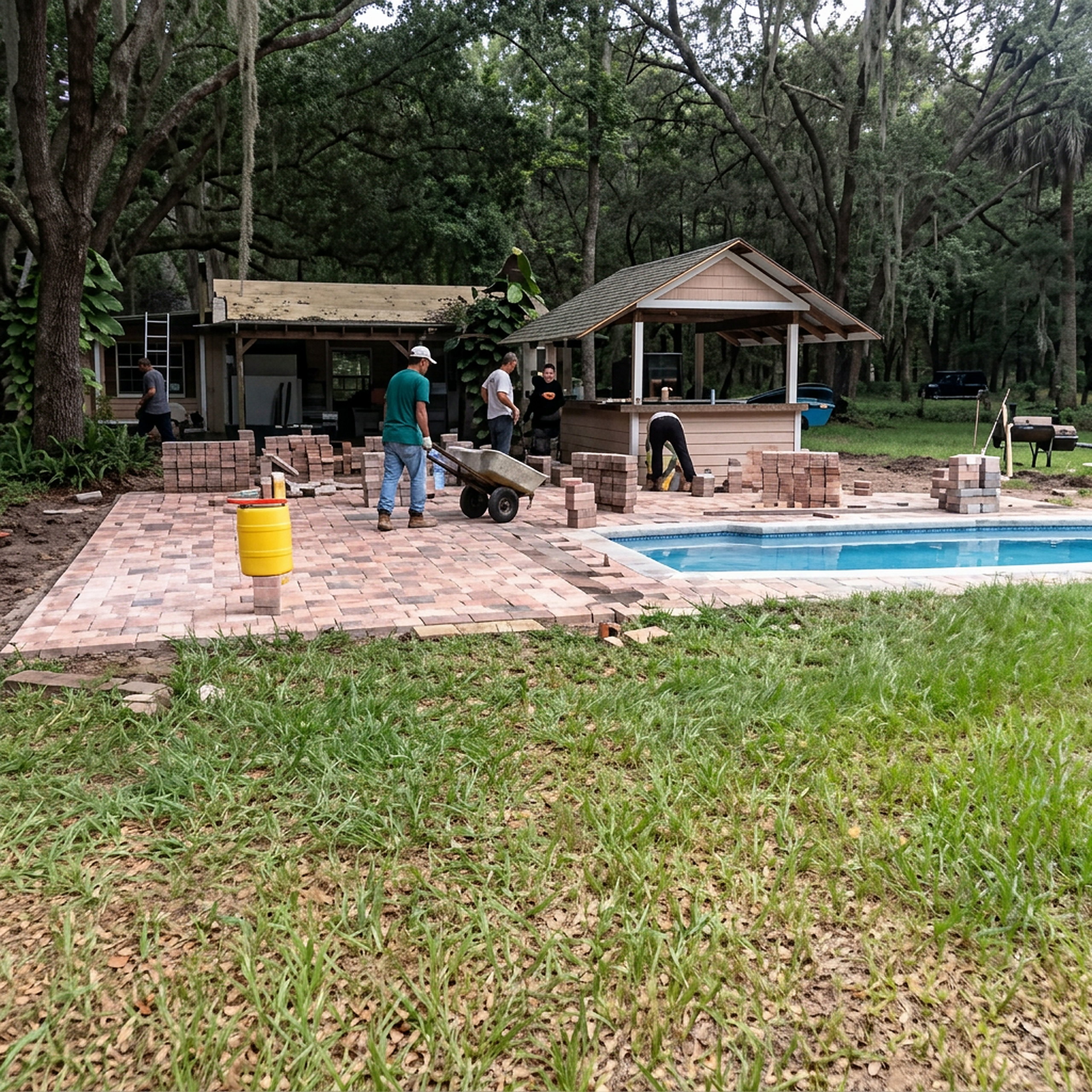 Paver pool deck installation in progress