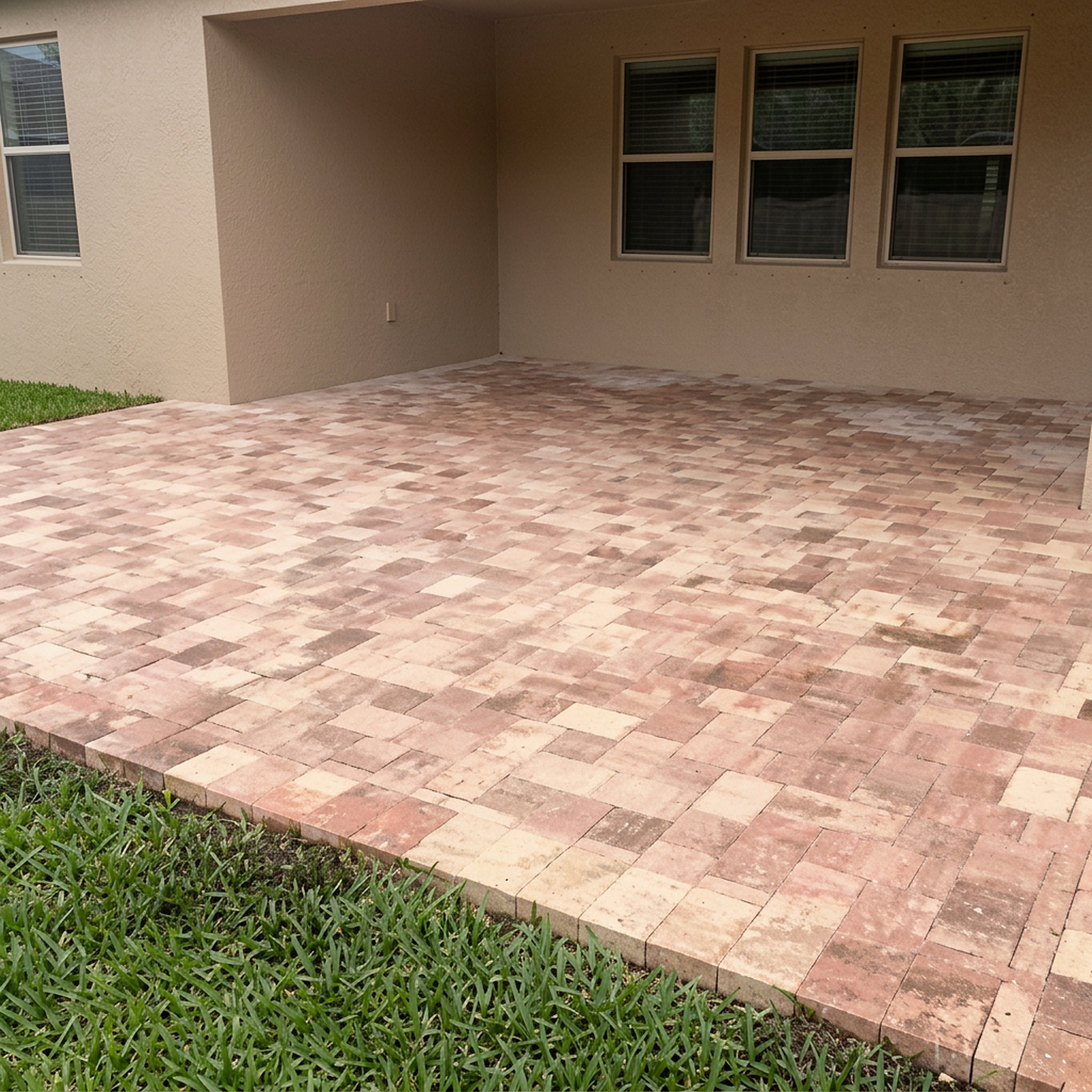 Finished square paver patio behind home