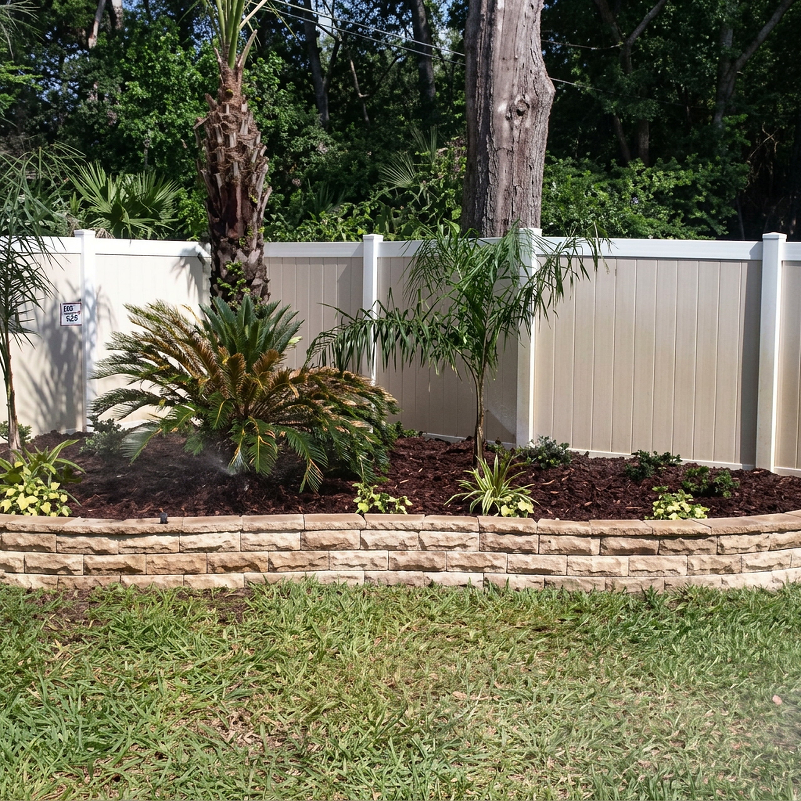 Curved stone-block border with palms and shrubs