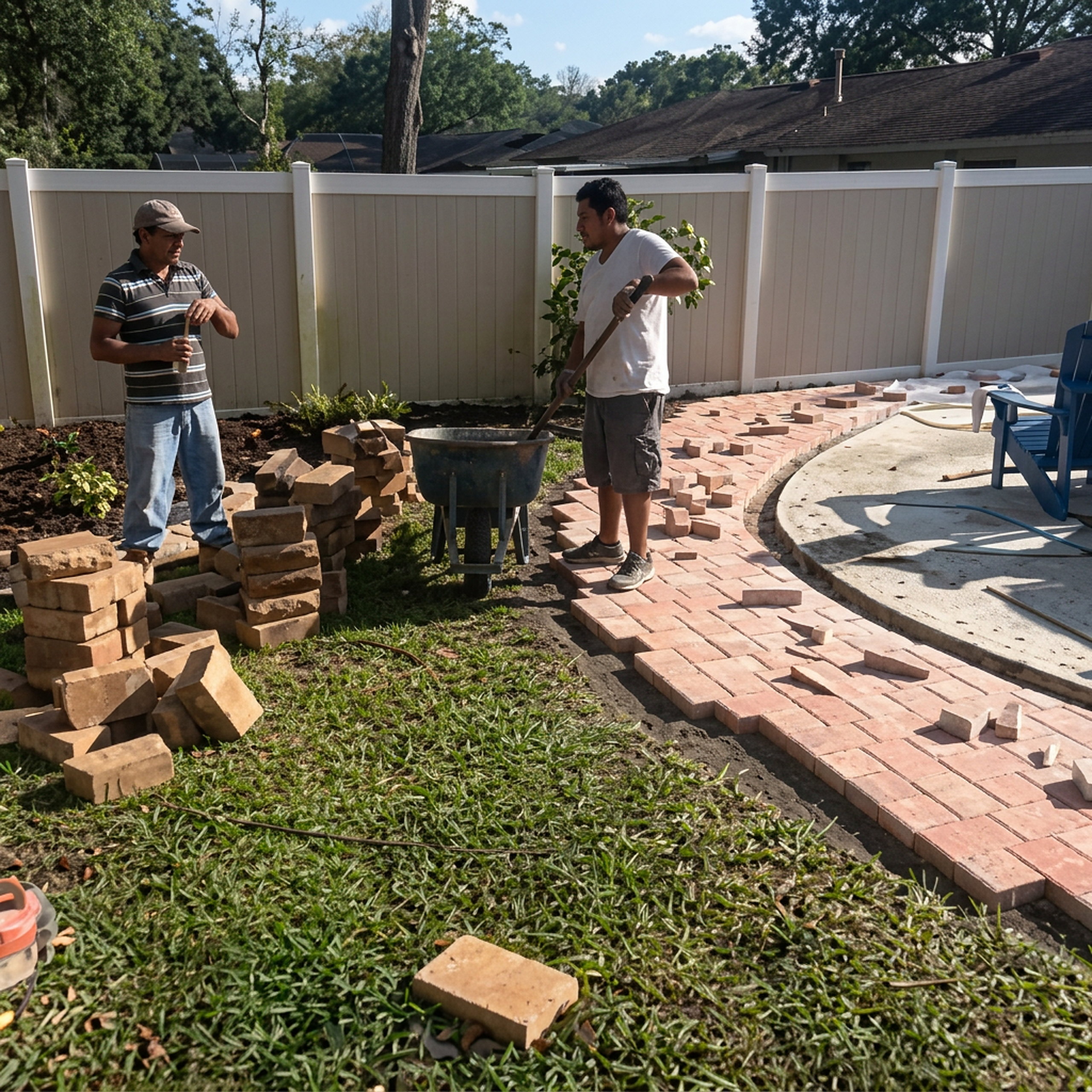 Brick paver border around poolside planting bed
