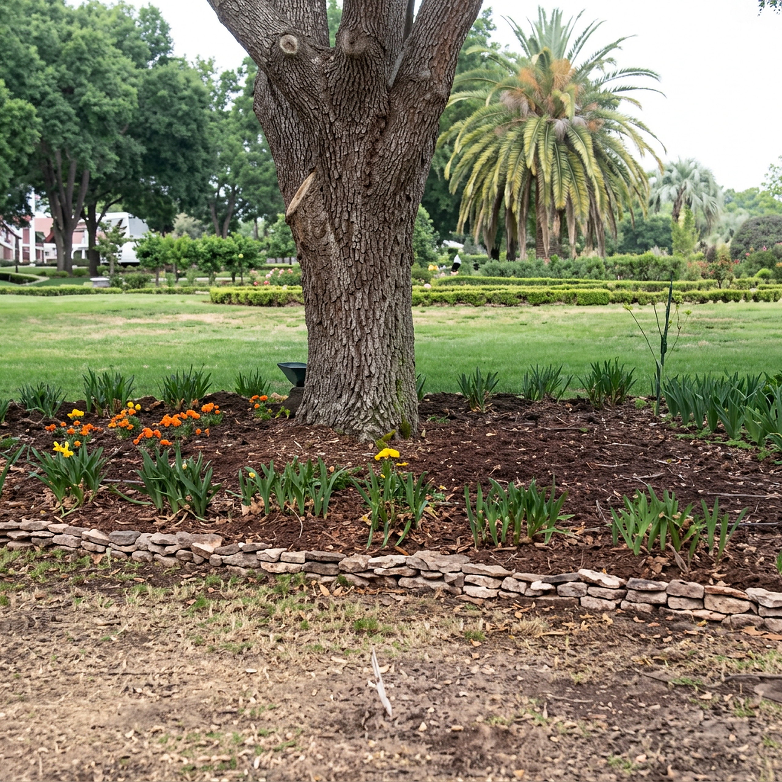 Stone-bordered tree bed in open lawn