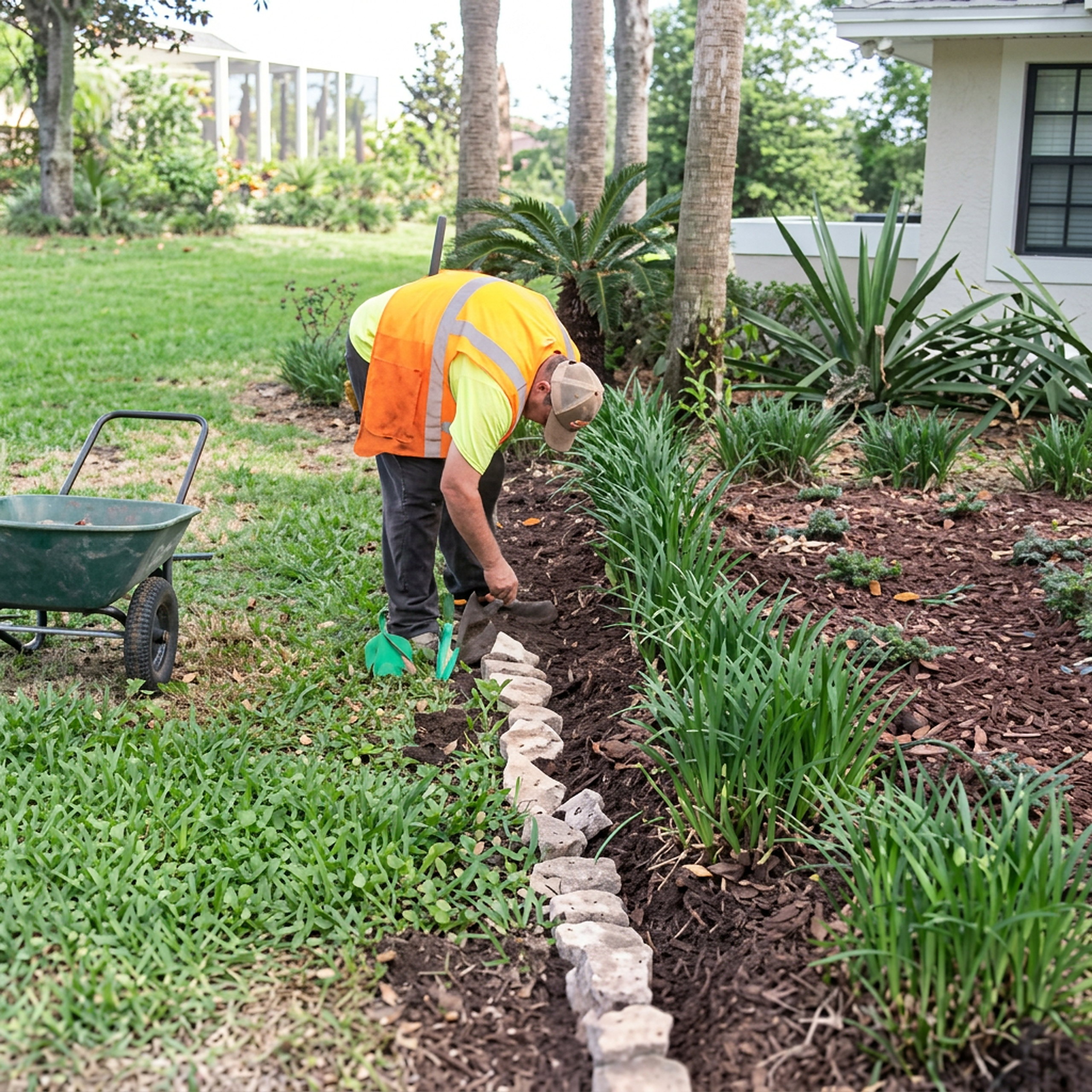 Stone border install along front planting bed