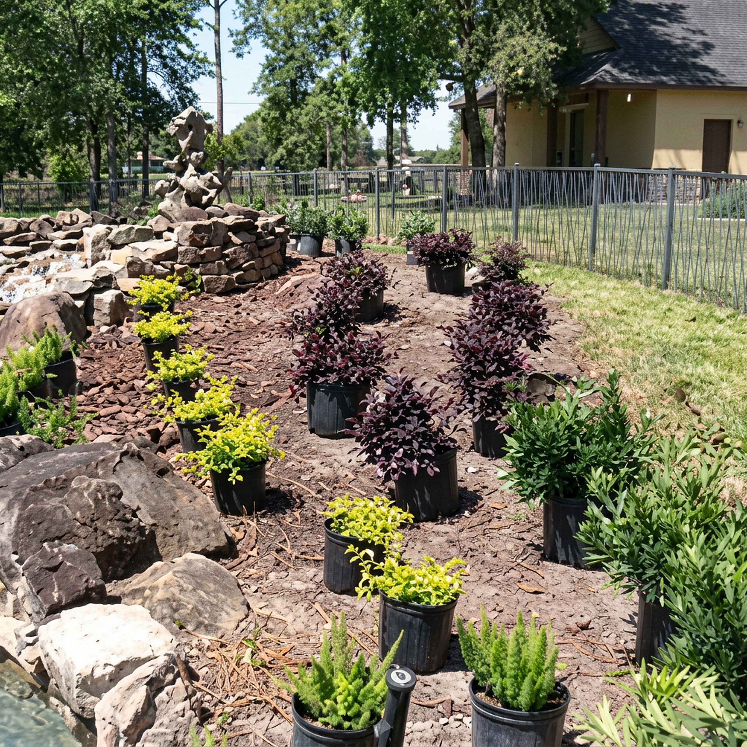 Tiered rock garden bed with mixed plantings