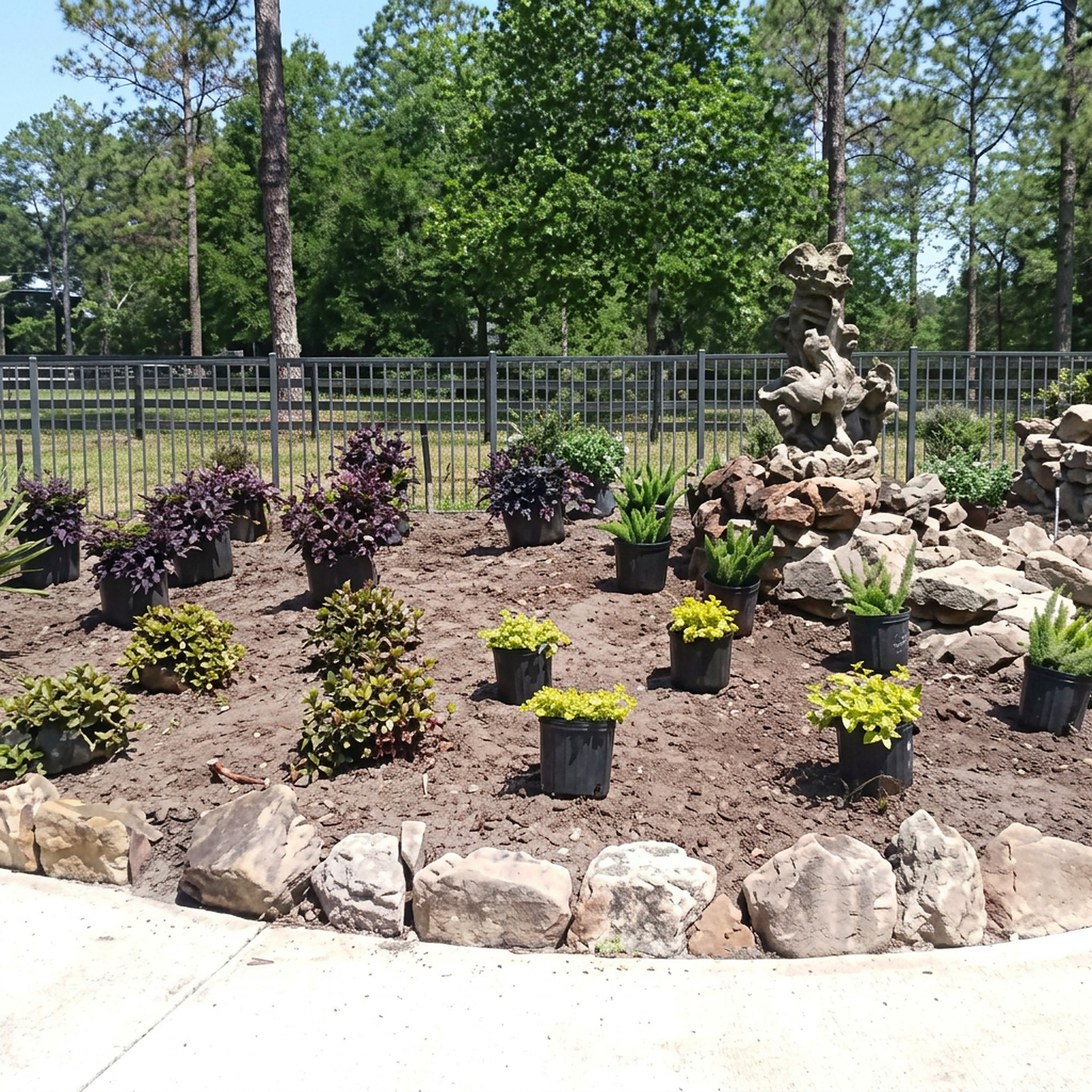 Front yard landscape with rock-bordered plantings