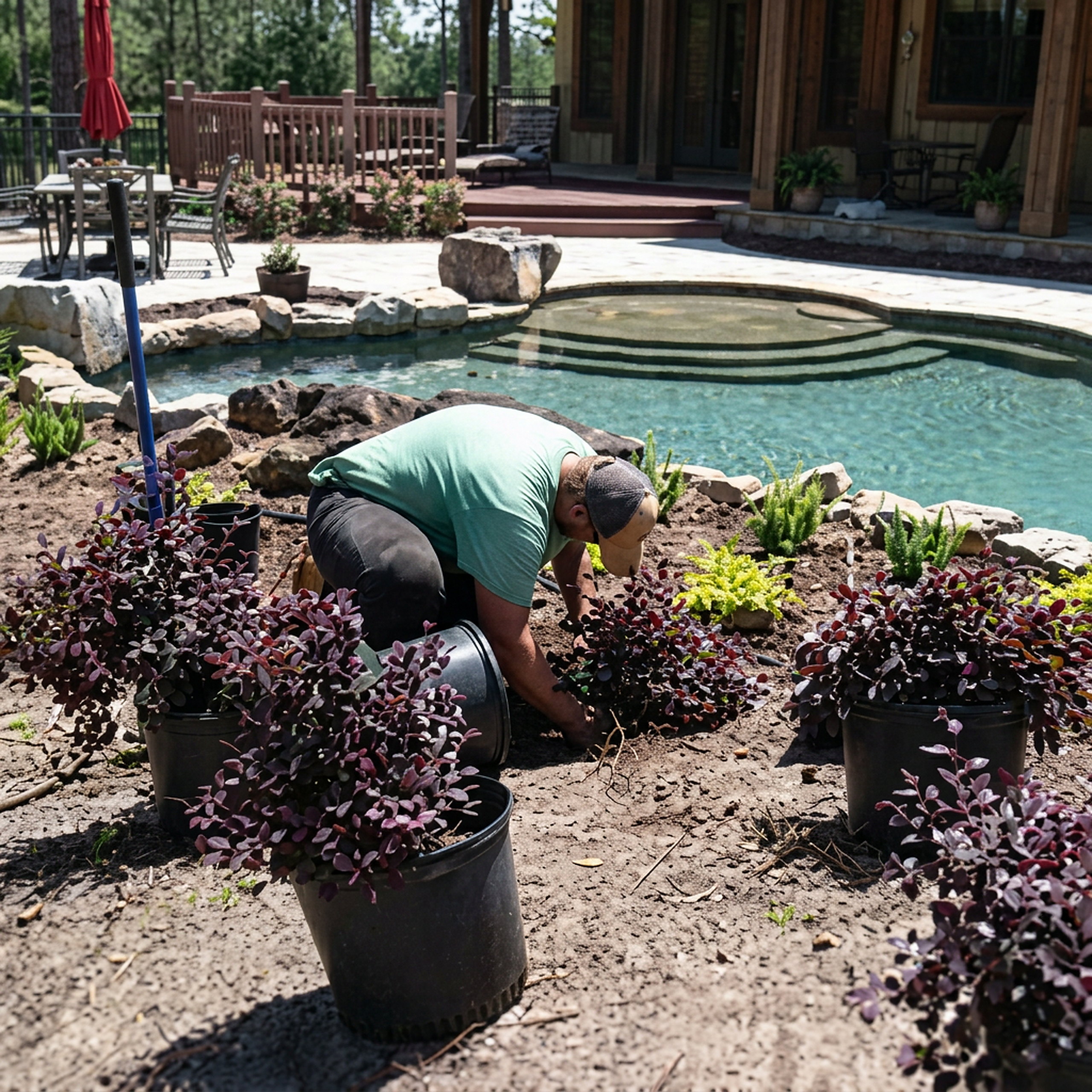 Poolside landscape planting with shrubs
