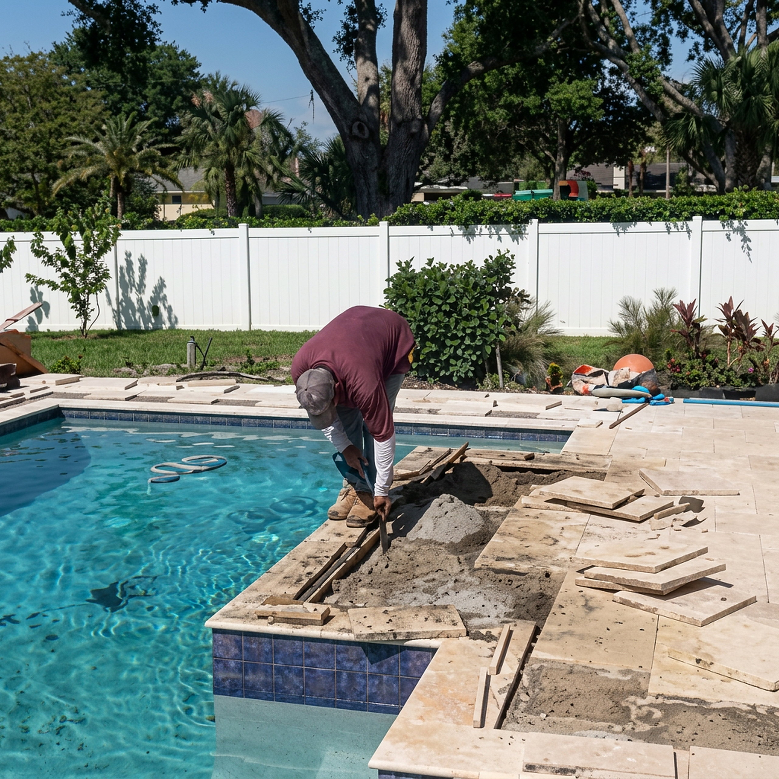Paver pool coping installation around in-ground pool